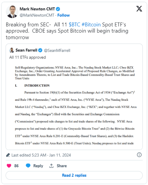 SEC Approves First Spot Bitcoin Funds, Sparking a Wave of Bitcoin ETF Approvals; BTC Is Indifferent As ETH Rises