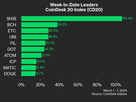 SHIB's 106% Move Higher Led CoinDesk 20 Gainers Last Week: CoinDesk Indices Market Update