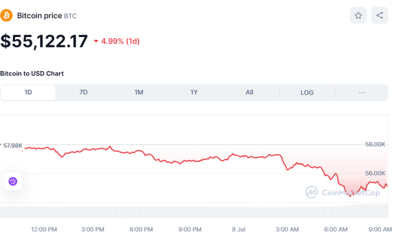 Crypto Prices Today July 8: Bitcoin Cracks To $55K, Altcoins Under Bearish Control